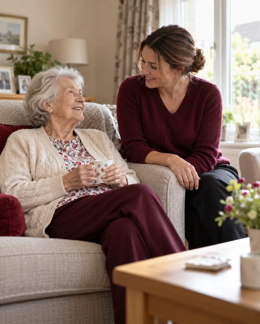 A care professional spending time with an older person at home